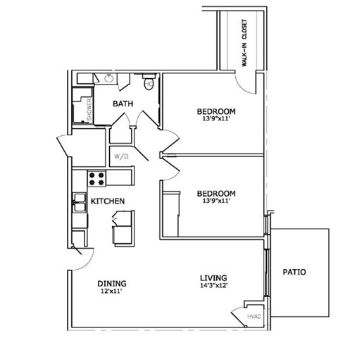 A floor plan of a house with a living room, dining room, kitchen, bathroom, and two bedrooms.